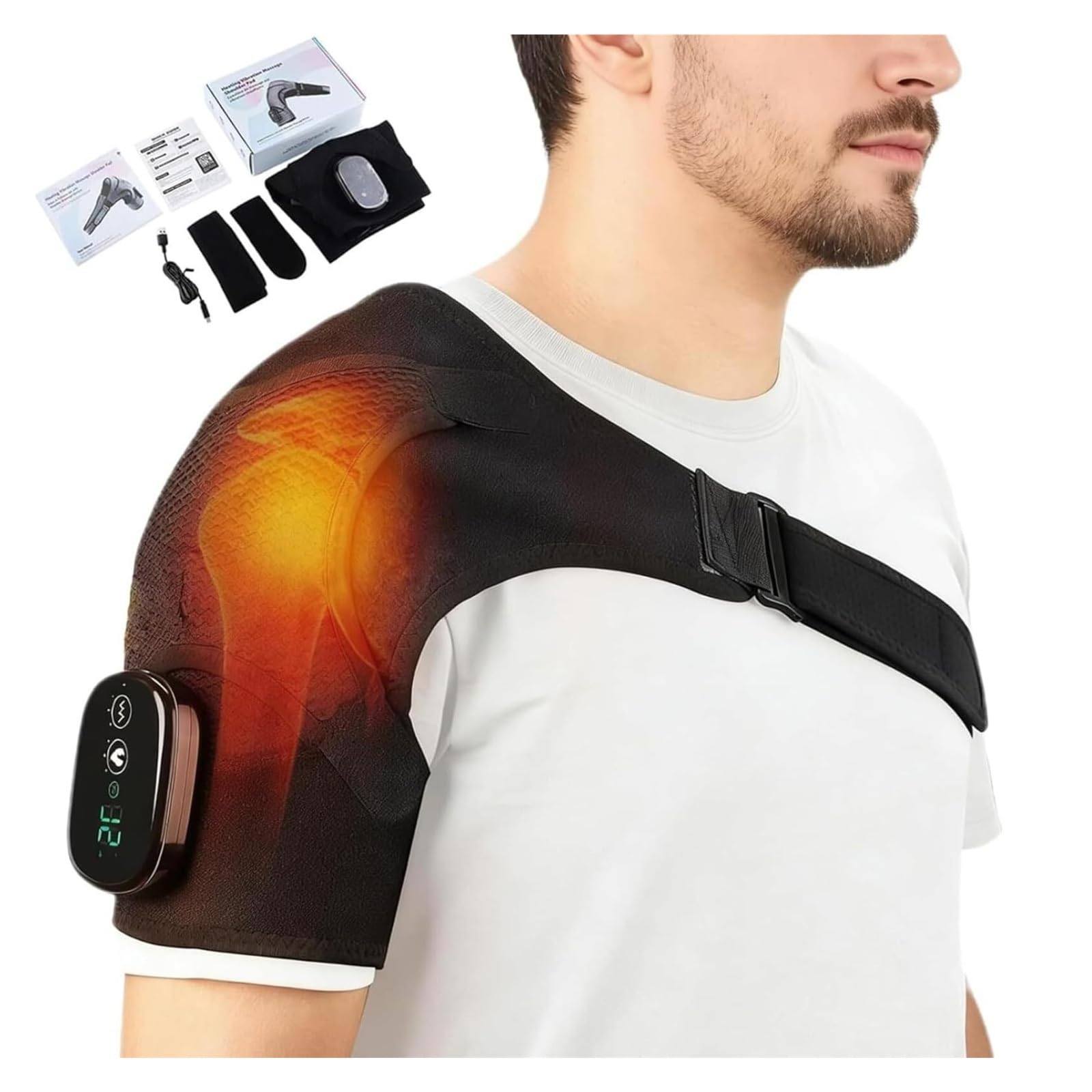 Cuscino riscaldante for spalle senza fili | 3 livelli di riscaldamento e 3 modalità di vibrazione, cinghie regolabili(Black)