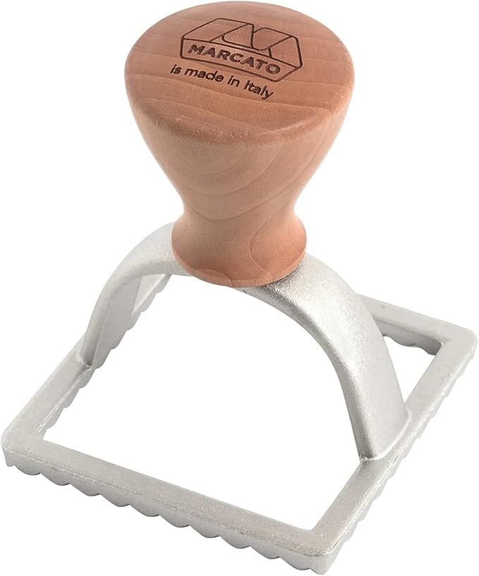 MARCATO Ravioli and Cookie Cutter, Ravioli Maker, Cookie Cutters, Solid Wood and Cast Aluminum, Made in Italy, 58 mm Square Stamp