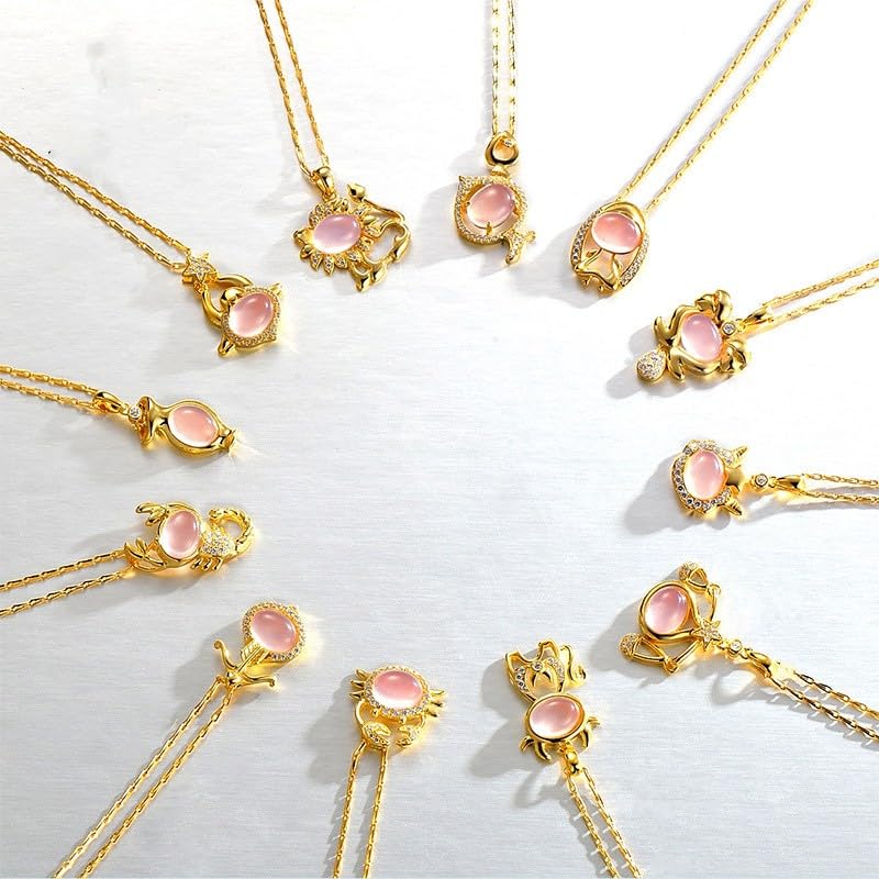 Halskette Anhänger für Sterling Silber Gold Zwölf Sternbilder eingelegter Zirkon Rosenquarz Schmuck Geburtstagsgeschenke Frauen Mädchen Schmuck