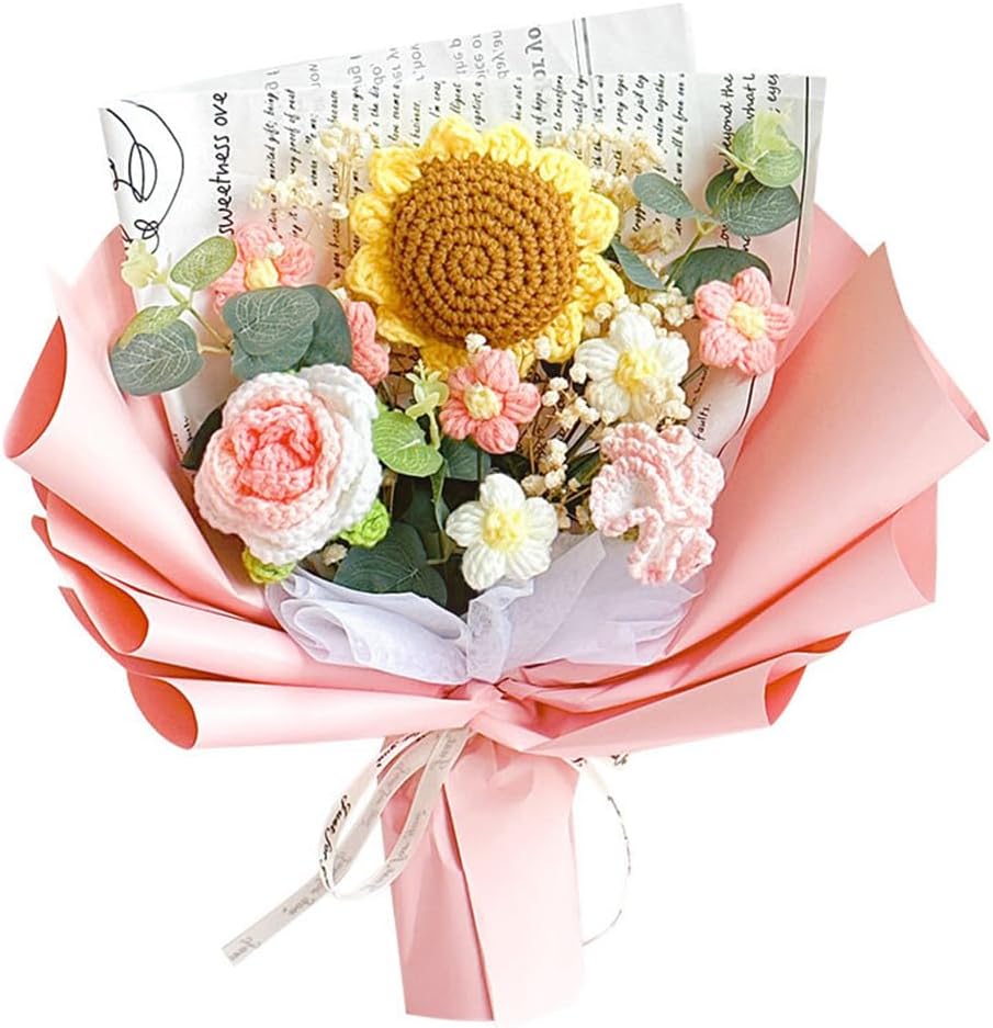 Crochet Flower Sunflower Bouquet: Handmade Artificial Flower Knitted Sunflower Bouquet for Festival Wedding Graduation Anniversary (Pink)