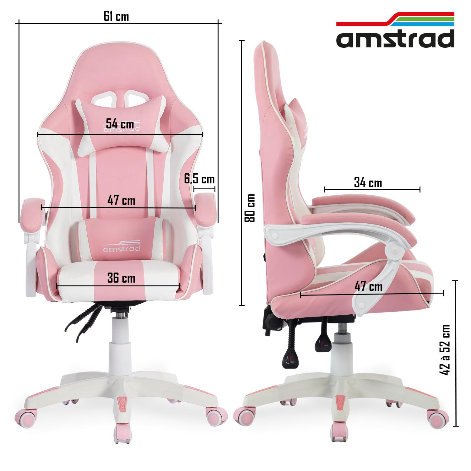 Amstrad AMS-800-ROSY Fauteuil/Chaise de Bureau Gamer Rose & Blanc - Coussin Lombaire & appuie tête
