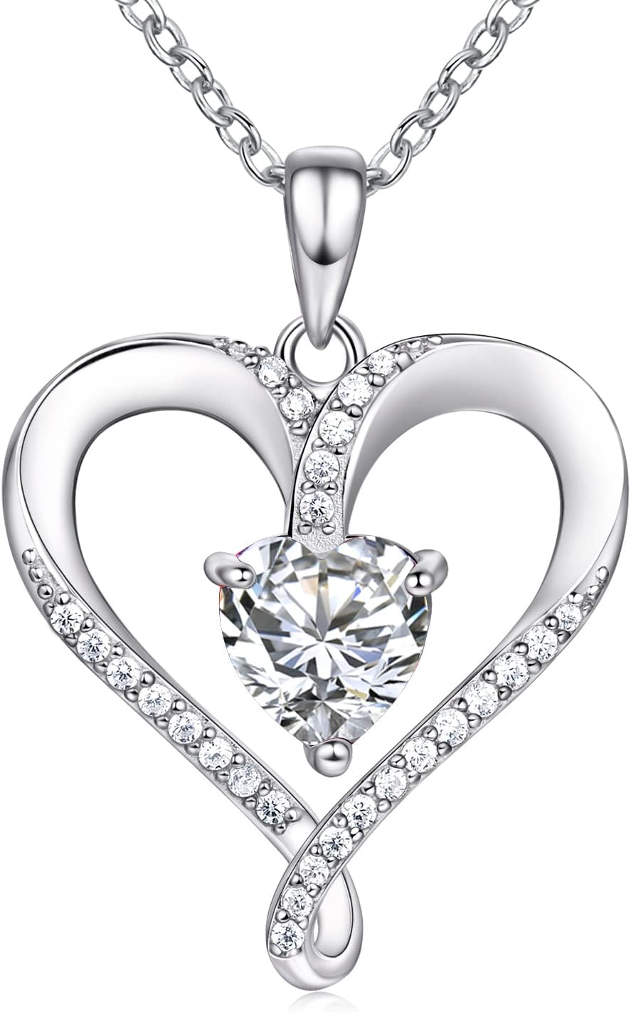 AM ANNIS MUNN Birthstone Necklace for Women, 18K White Gold Heart Necklace Filled 925 Sterling Silver, Diamond Womens Jewelry Christmas Gifts for Women Wife