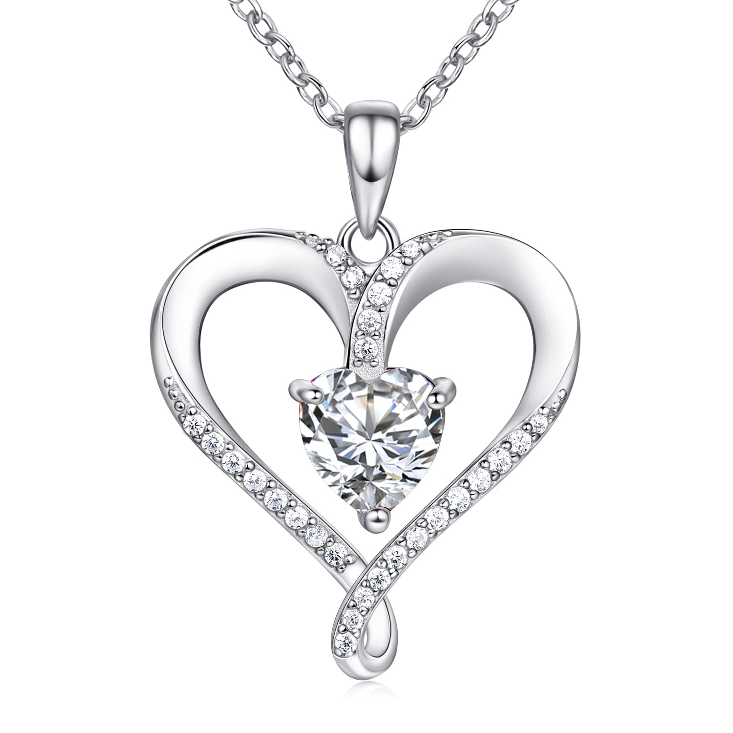 Birthstone Necklace for Women, 18K White Gold Heart Necklace Filled 925 Sterling Silver, Diamond Womens Jewelry Valentine's Day Gifts for Women Wife