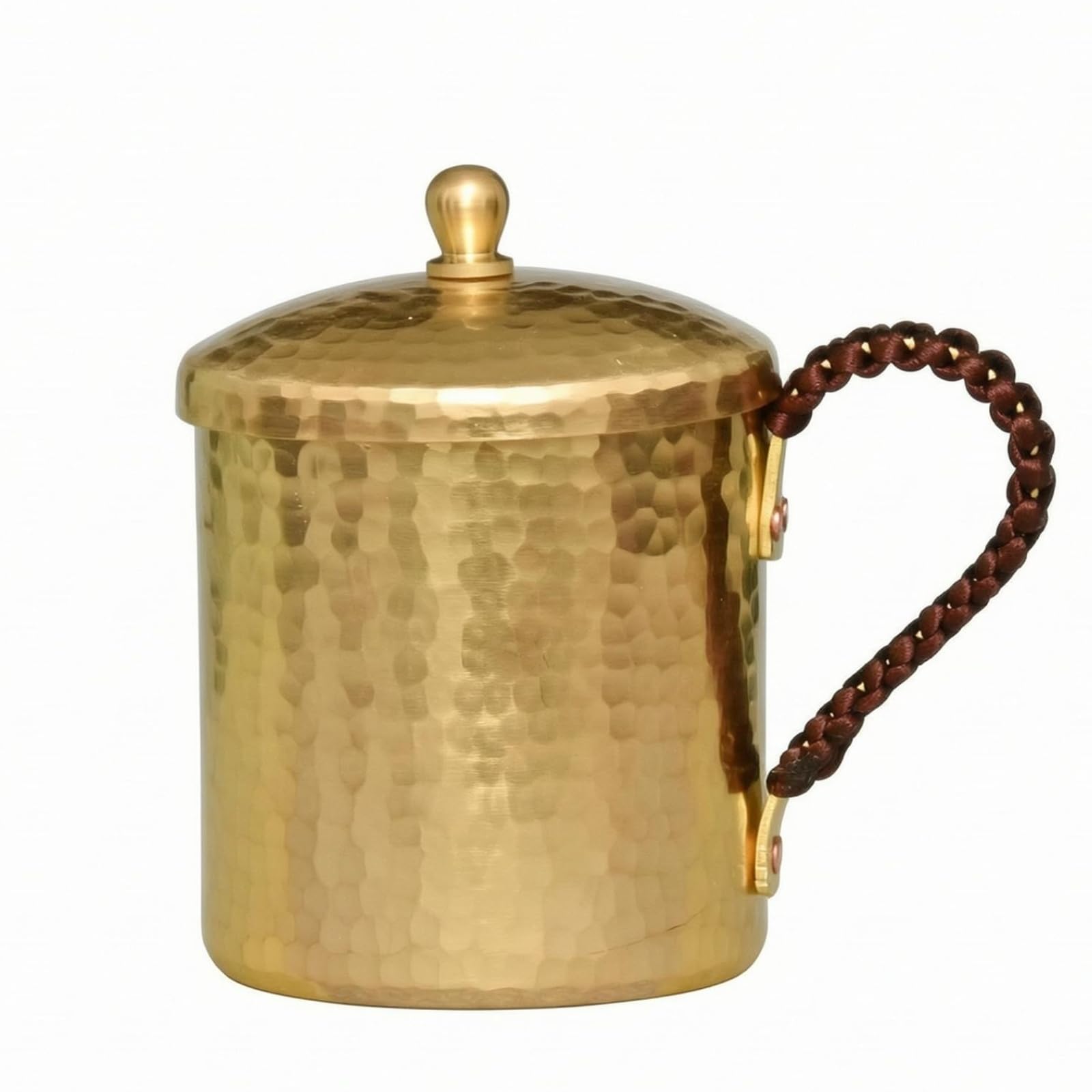 F Fityle Taza de Latón con Tapa Vaso de Bebida Copa para Té Recipiente para Líquidos Artesanal con Relieve Martillado y Asa Cómoda Adecuada para Servir, Latón, Grande