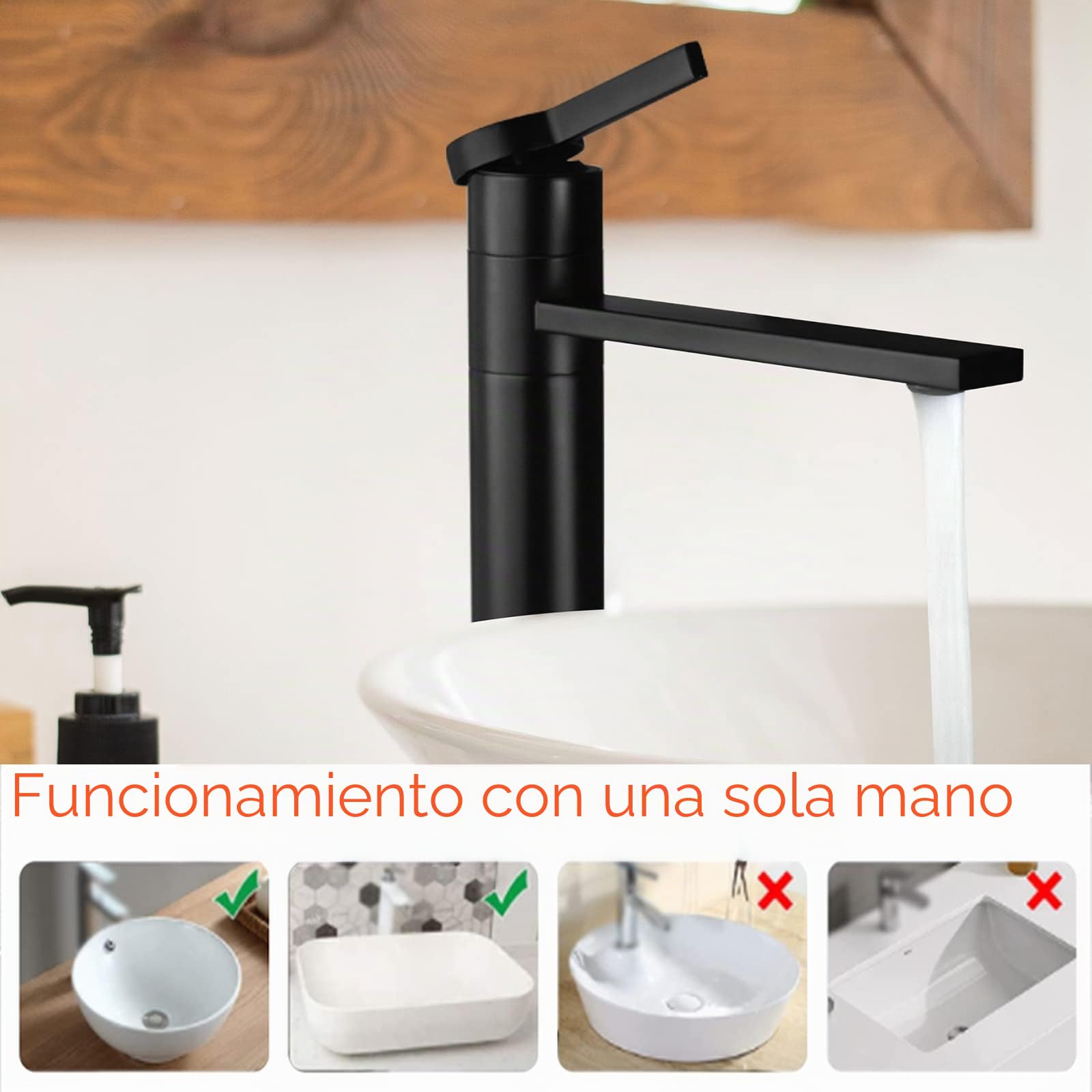 Grifo de lavabo Baño Negro Mate Alto Caño Grifo Lavabo Monomando de Agua Fría y Caliente con Aireador Desmontable SHANFO M3OK-T