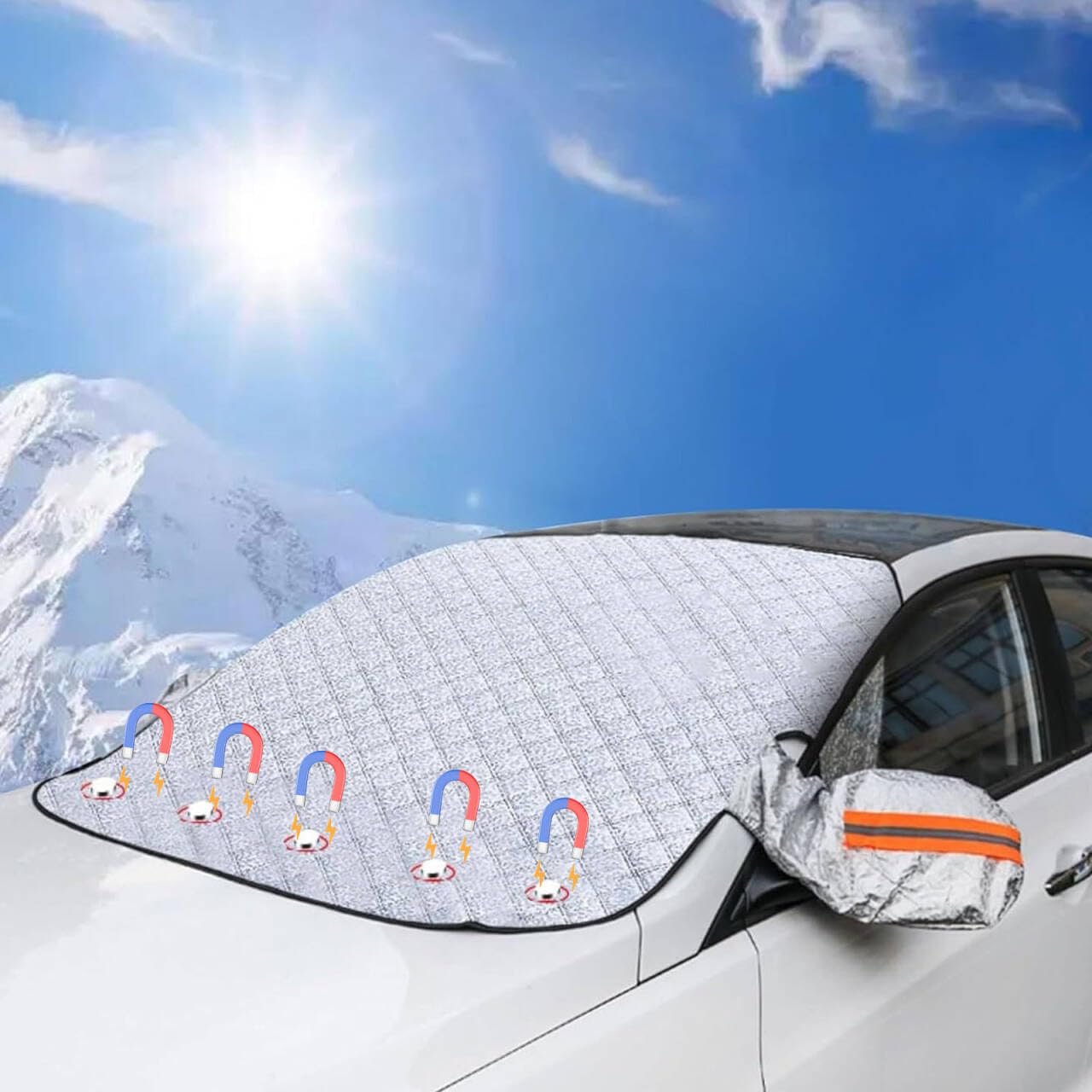 Couverture Pare-Brise Voiture avec 5 Aimant,Bache Pare Brise Protection Couverture Repliable,Protection Pare Brise Hiver,Voiture Protege Pare Brise Givre avec Couvercle de Rétroviseur,150 * 111CM