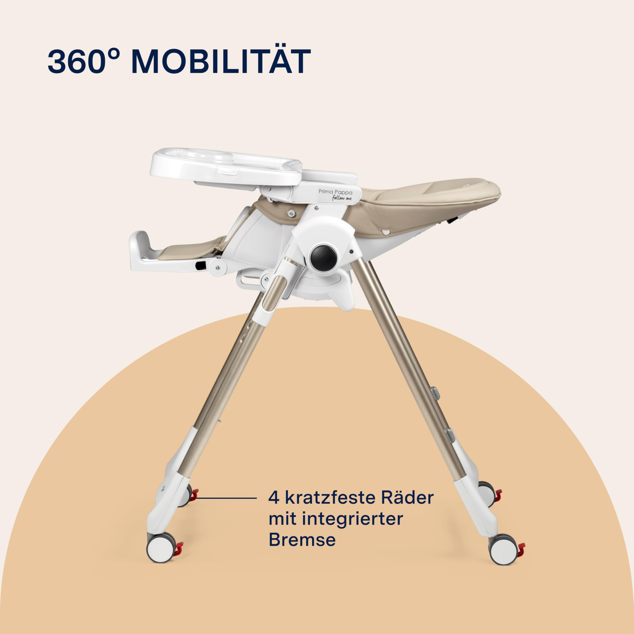 PEG Prima Pappa Follow Me Hochstuhl für Babys, neigbar, Liegefunktion, 4 Räder, faltbar, ultra-kompakt, 0-15 kg