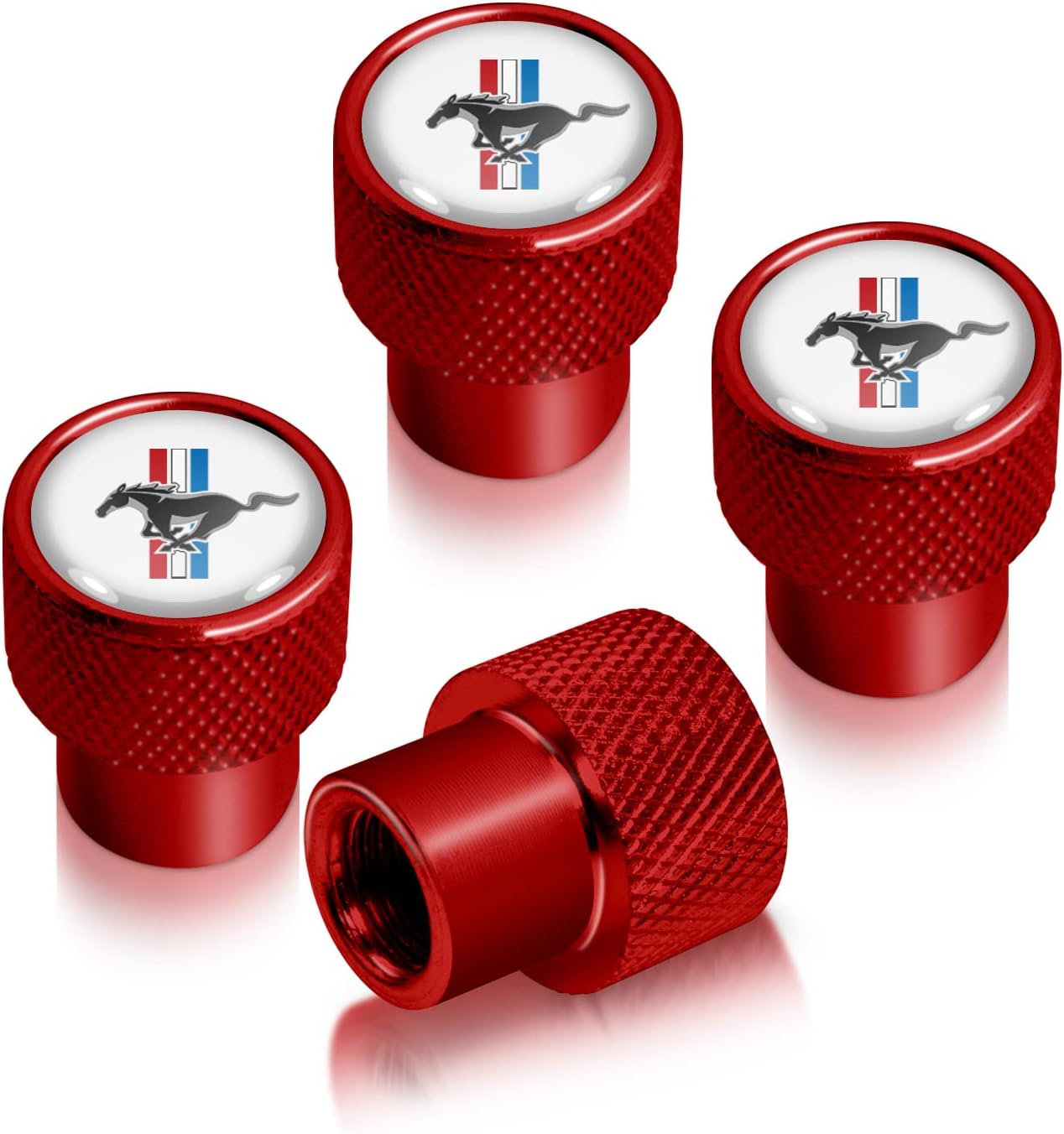 iPick Image for Ford Mustang Tri-Bar Logo in Black on Red Easy-Grip Aluminum Tire Valve Stem Caps - Official Licensed