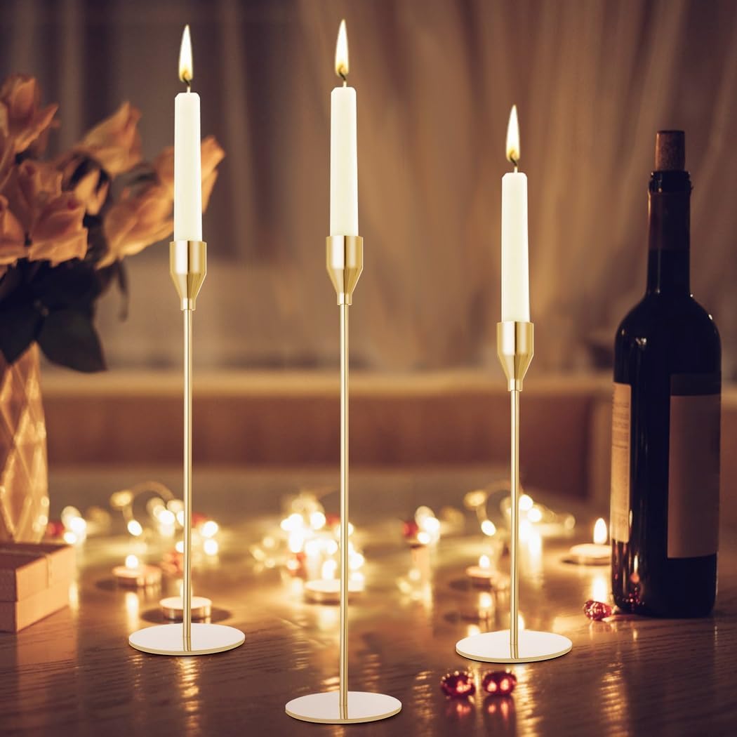 Holders for Taper Candle, 3 Sets, Glossy Golden Candlestick, Candlestick Decorative Holders for Party, Religion, Aromatherapy, Dining, Wedding