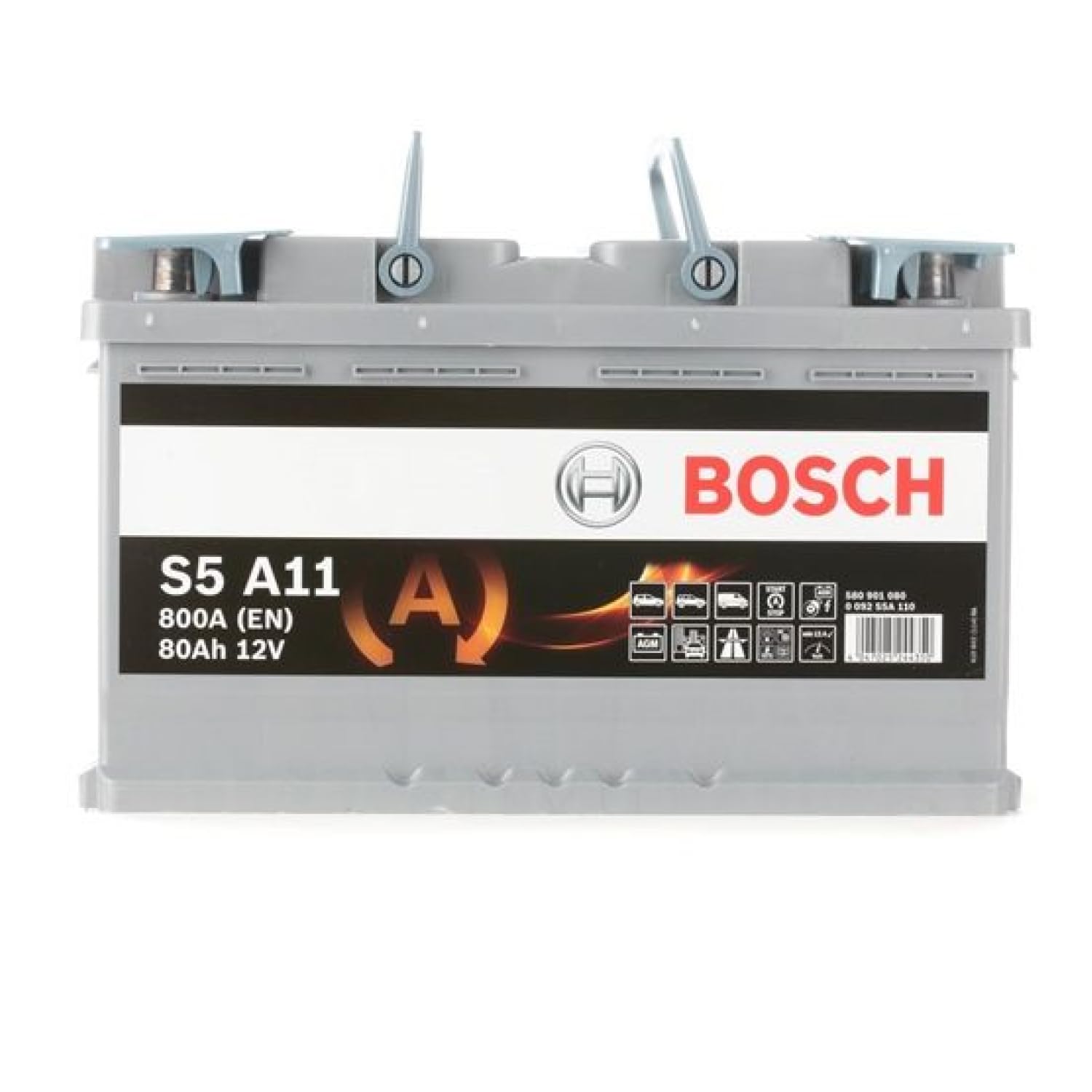 Bosch S5 A11 Autobatterie 80 Ah - 800 A - 12 V, AGM Blei-Säure-Batterie für Fahrzeuge mit Start-Stopp-Automatik und Bremsenergierückgewinnung - Polarität: links - rechts +, 315 x 175 x 190 mm
