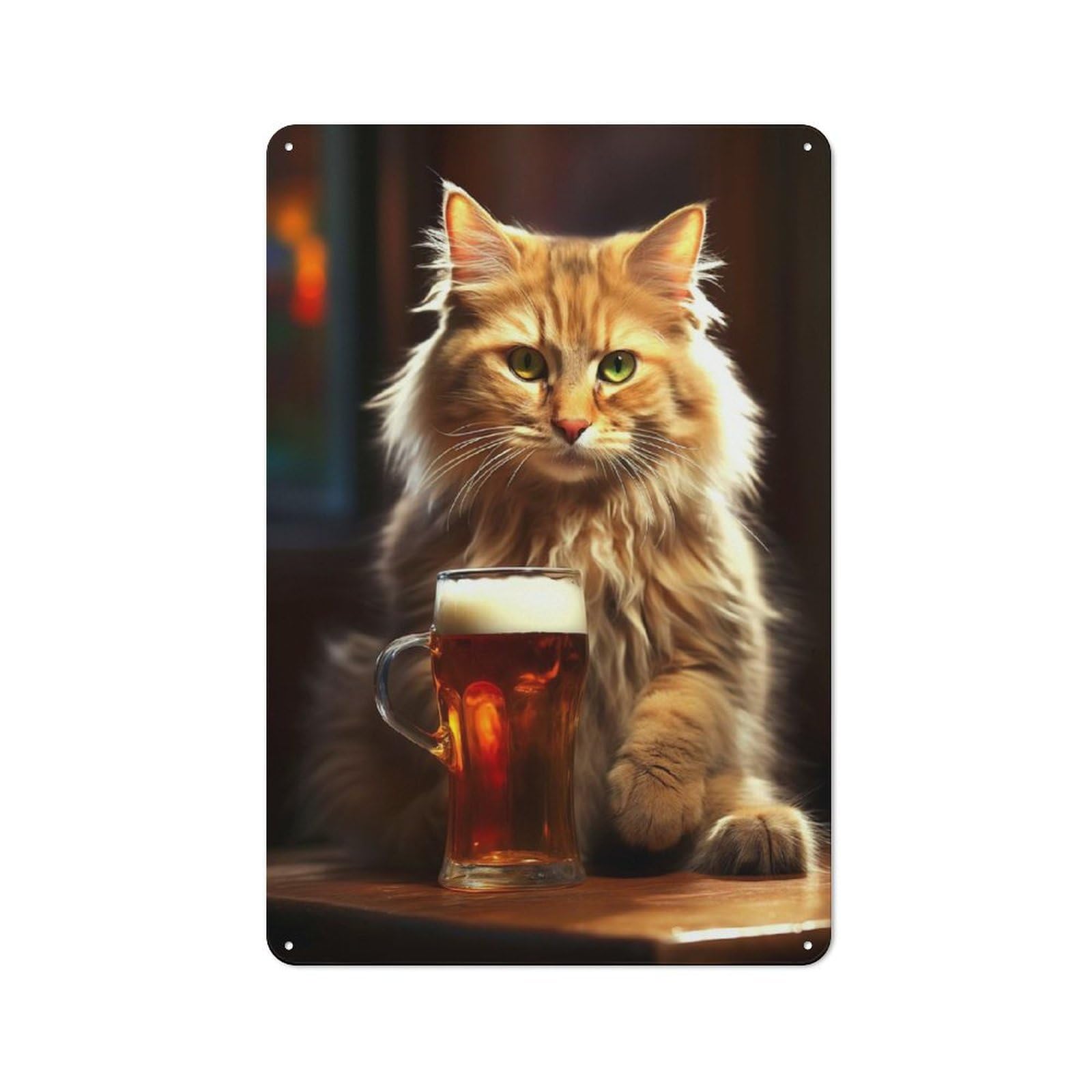 Nostalgic Decorative Tin Sign 30x20cm Featuring Cat Drinks Beer, Old Style Wall Plaque for Kitchen, Hallway, Bar Or Small Cafe
