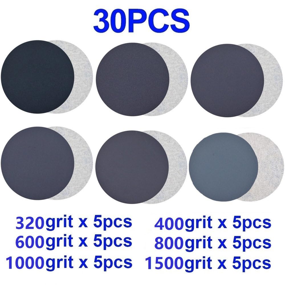 Lot de 30 disques abrasifs Auto-agrippants de 7,6 cm, Grains 320, 400, 600, 800, 1 000 et 1 500, pour meulage à Sec et Humide, 3 Pouces