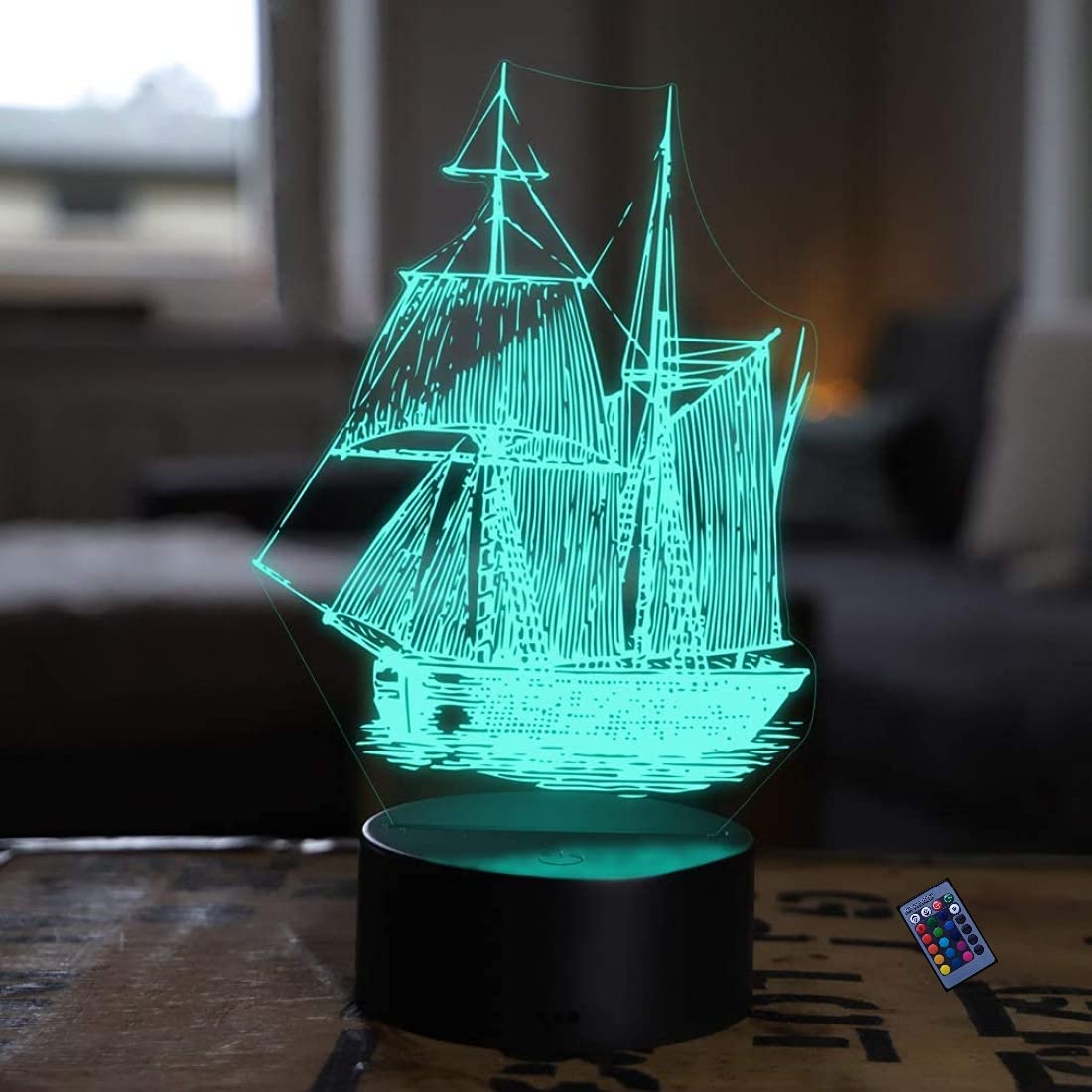 3D Segelboot Nachtlicht – 16 Farben, Fernbedienung, USB-Betrieb, Optische Täuschung Lampe Für Kinderzimmer