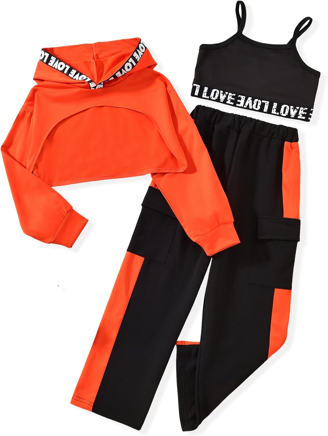 FUNNIDEA Girls 3 Piece Outfits Color Block Sweatsuit Workout Hoodie Litter Graphic Crop Tank and Pants Set