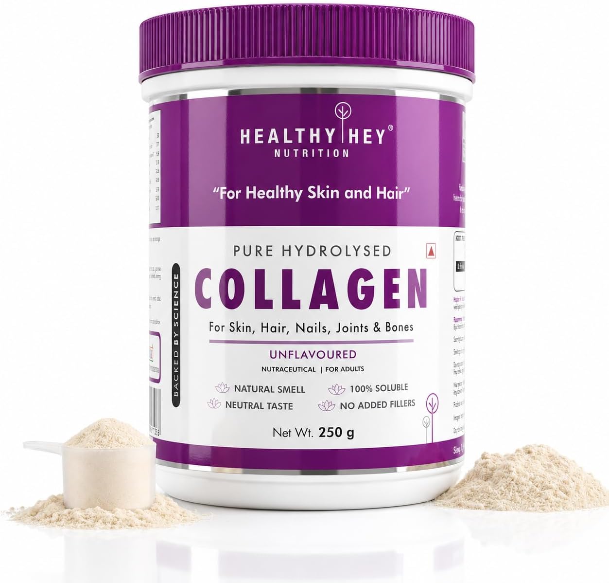 HealthyHey Nutrition Collagen Powder|Collagen Supplement for Glowing Skin|Pure Hydrolysed Collagen Powder for Women & Men|Unflavoured - Pack of 1-250 grams