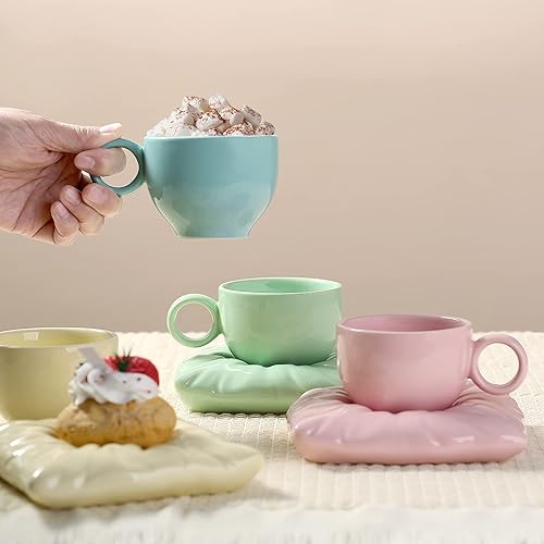Miniatura 2 de Parlamain Juego de tazas de capuchino de cerámica azul claro de 8 onzas, lindo juego de tazas creativas para expreso, café con leche, té, apto para