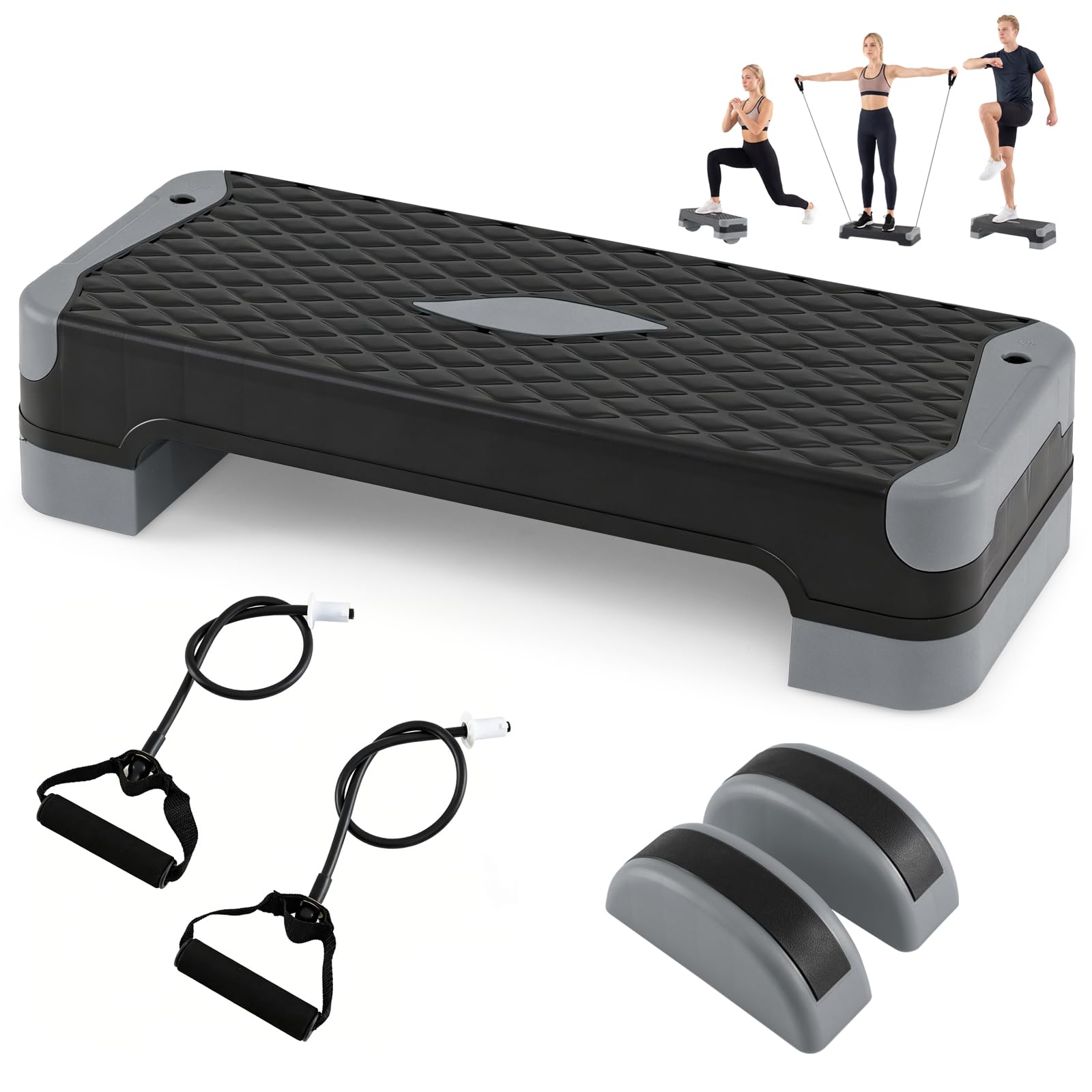 COSTWAY Step Fitness Antiscivolo e Regolabile in 4 Altezze | Stepper Fitness Casa e Palestra con Bande Resistenza, Rialzati e Allenatori Equilibrio, Esercizio Gambe, Glutei e Braccia