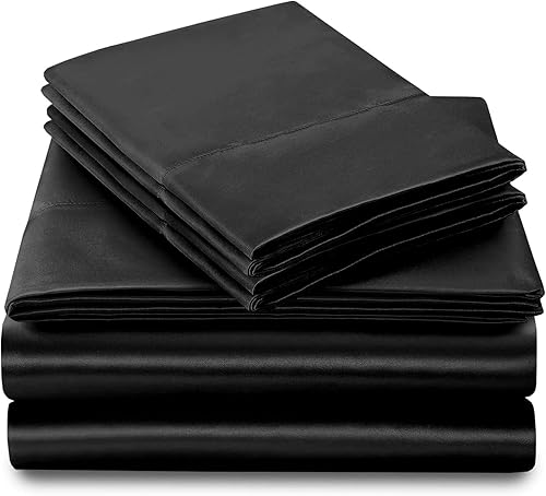Miniatura 3 de PURE ECO Juego de sábanas de satén de seda de 4 piezas, tamaño matrimonial XL (54 x 80) + bolsillo profundo de 16 pulgadas, color negro, sábanas de
