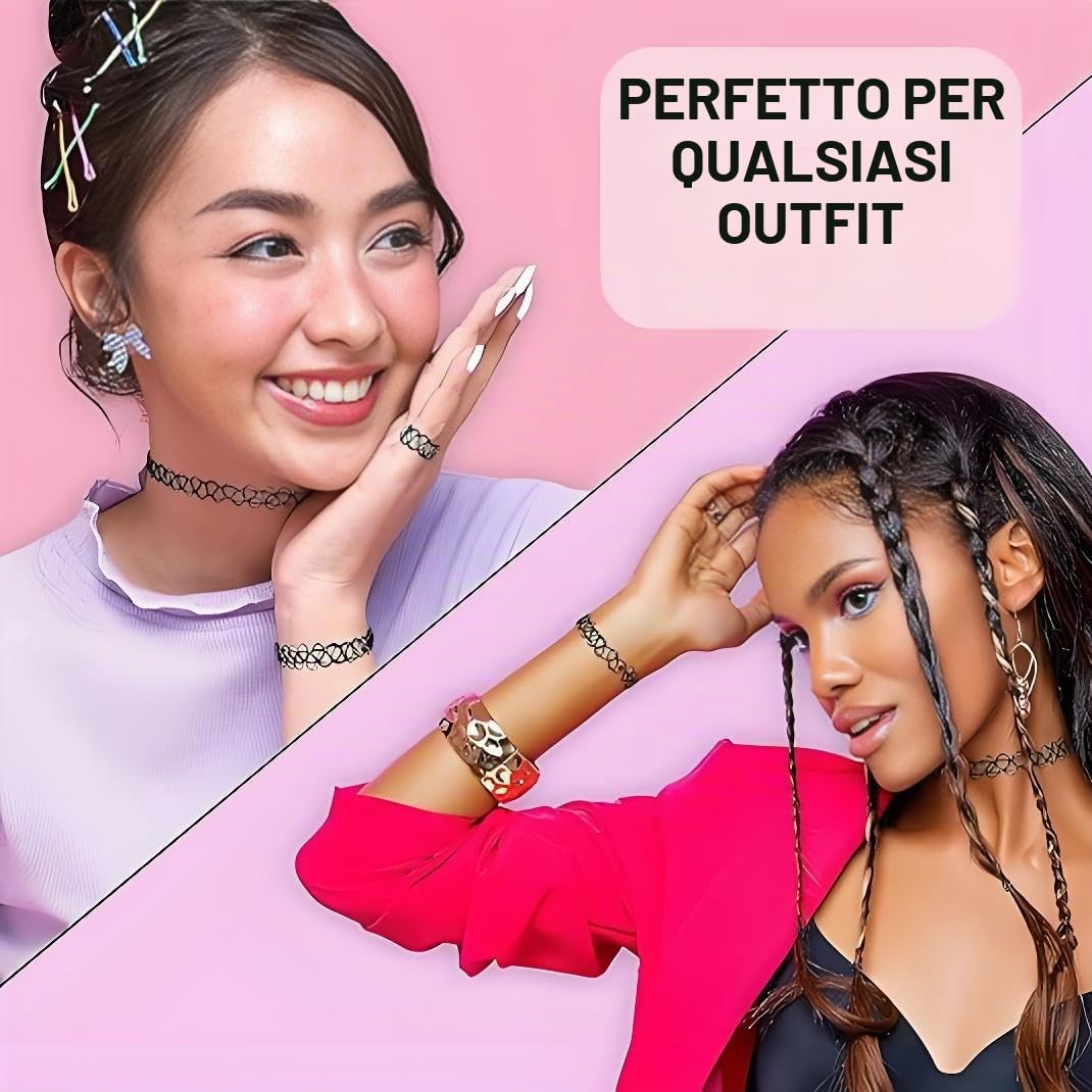 12 Pezzi Choker Set Collana,set di Collane,Braccialetti e Anelli con Tatuaggi,Chocker elastica regolabile,Choker Donna,Choker Nero in stile Gotico anni 90,adatte per Donne e Ragazze