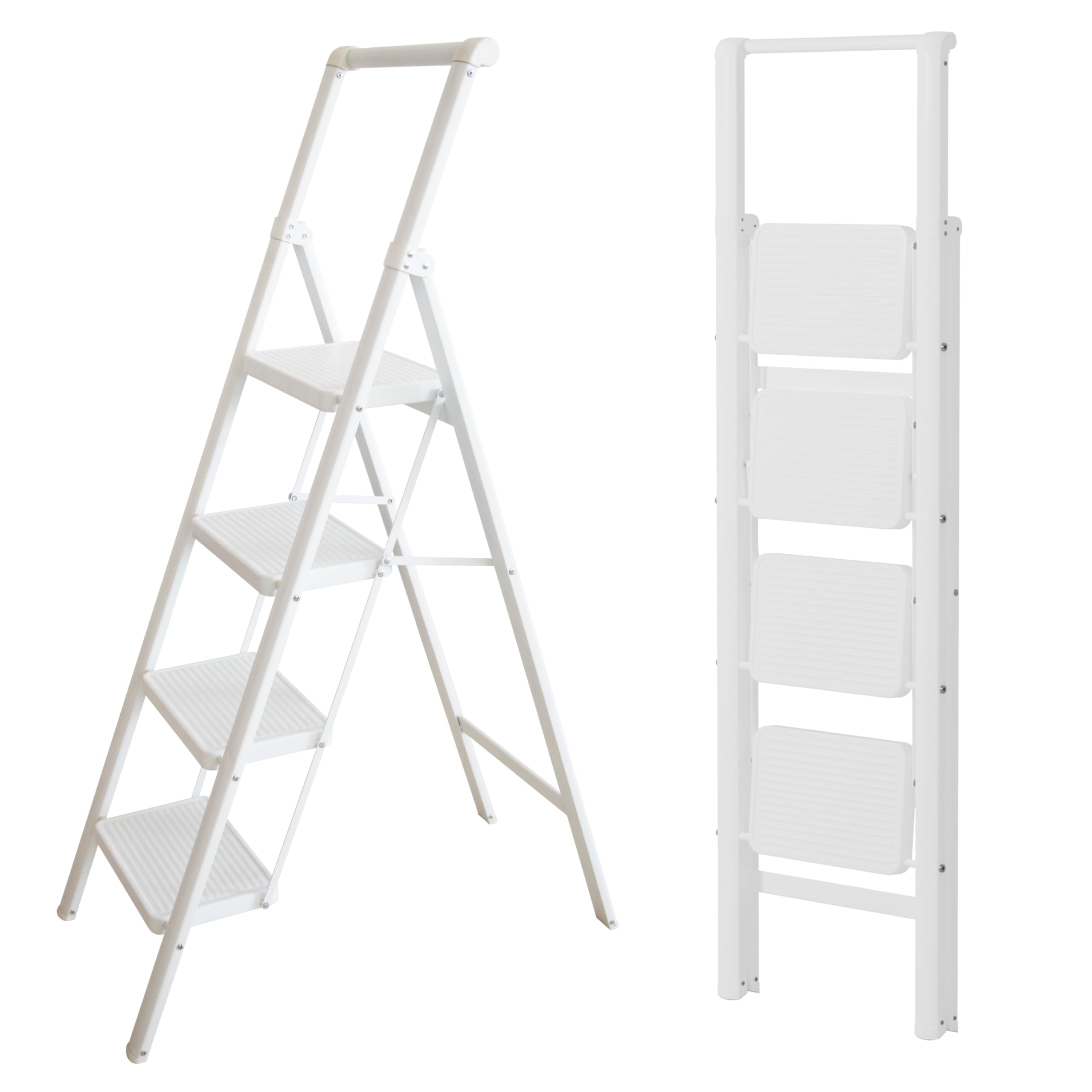 Escalera Plegable Acero, 4 Peldaños, Blanca, Peldaños Anchos, EN 131