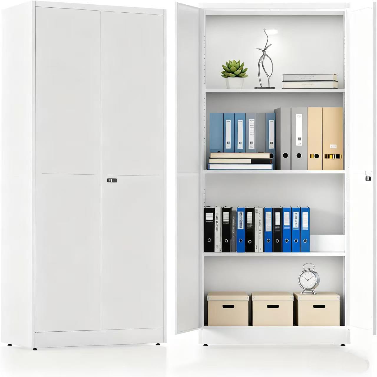 Armoire Bureau en Métal, Armoire Garage avec 2 Portes et Étagères Réglables, Cabinet de Rangement Verrouillable pour Bureau, Maison et Atelier, 180 x 80 x 40 cm, Blanc