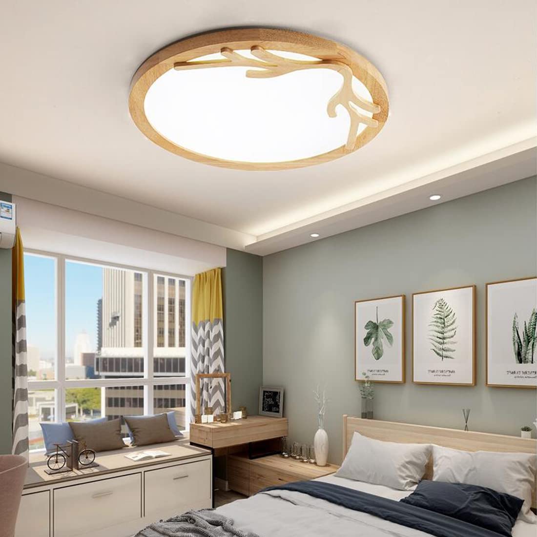 Lampy wiszące Ściemnialna lampa LED do sypialni Drewniane lampy sufitowe ze zdalnym sterowaniem Designerskie oświetlenie LED do salonu, gabinetu, jadalni (średnica 50 cm)