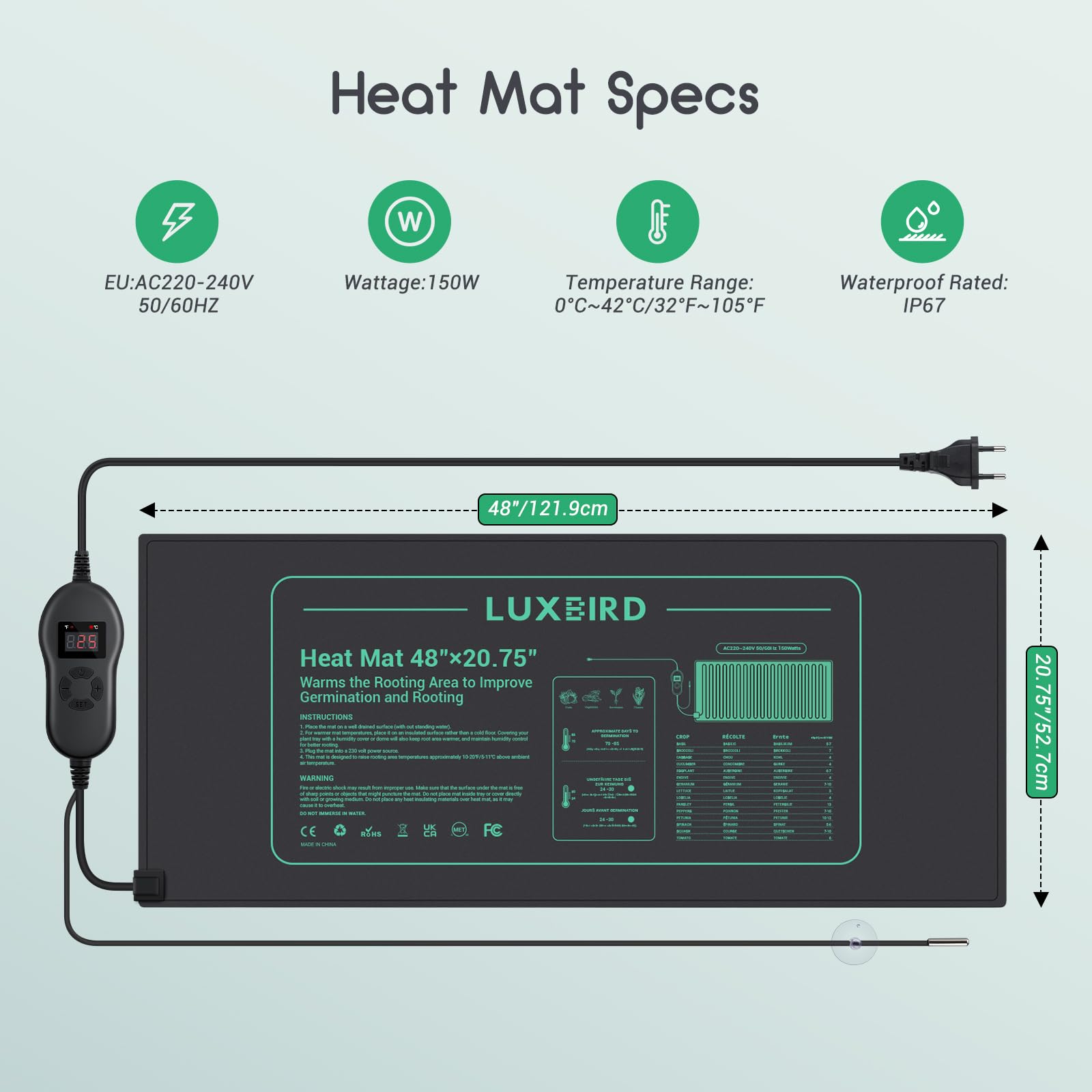 Luxbird Mata grzewcza z termostatem, szklarnia pokojowa, mata grzewcza do sadzonek, 150 W, wodoszczelność IP67, 121,9 x 52,7 cm