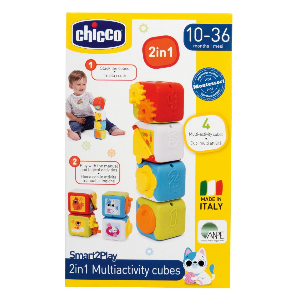 Chicco Wielofunkcyjne kostki 2w1, zestaw 4 kolorowych bloków zwierząt, układane w stos dla przyjemności sensorycznej, czynności manualne i logiczne, zabawki dla dzieci, 10-36 miesięcy