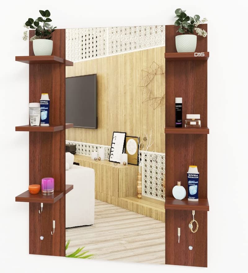Image of MAMTA Decoration Engineered Wood Wall Mount Dressing Table Mirror with Shelves Storage for Living Room Bedroom (Classic Walnut Finish)