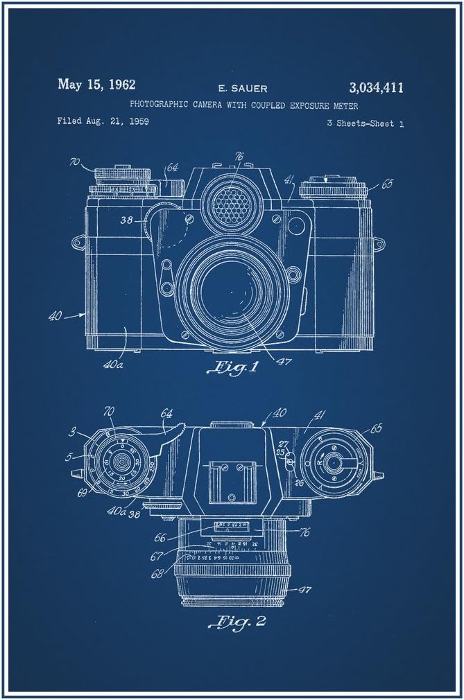 Laminated Sauer Vintage Camera 1962 Official Patent Blueprint Poster Dry Erase Wall Art 24x36