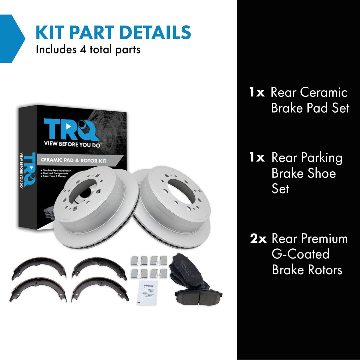 TRQ Rear Brake Pad and Rotor Set Ceramic G Coated Rotors Parking Brake Shoe Compatible with 2008-2021 Lexus LX570 Land Cruiser Sequoia 2007-2021 Tundra