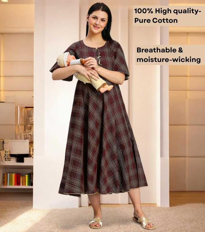 Image of DUMMY SHAPE Feeding Nighty | Maternity Dresses for Women Cotton Blend | Floral Pink Anarkali Kurta with Dual Nursing Zippers for Pregnancy & Breastfeeding | Gifts for Pregnant Women (