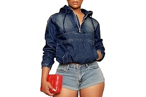 Women's Half-Zip Hooded Denim Jacket