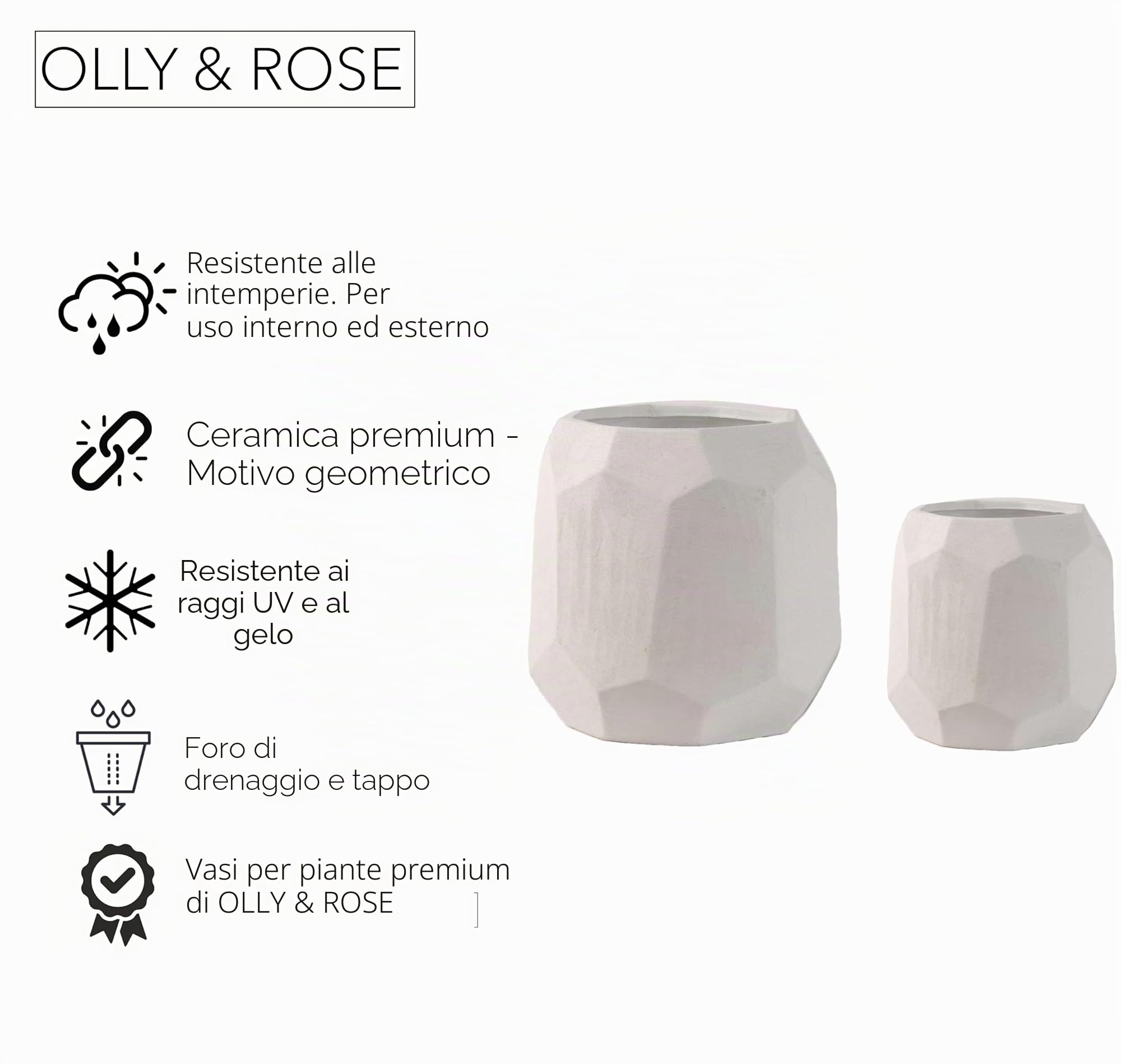 Olly & Rose Leon - Set di 2 vasi per piante geometriche in ceramica, bianchi, diametro 22 cm e 17 cm, grandi vasi per piante per interni ed esterni, vasi bianchi