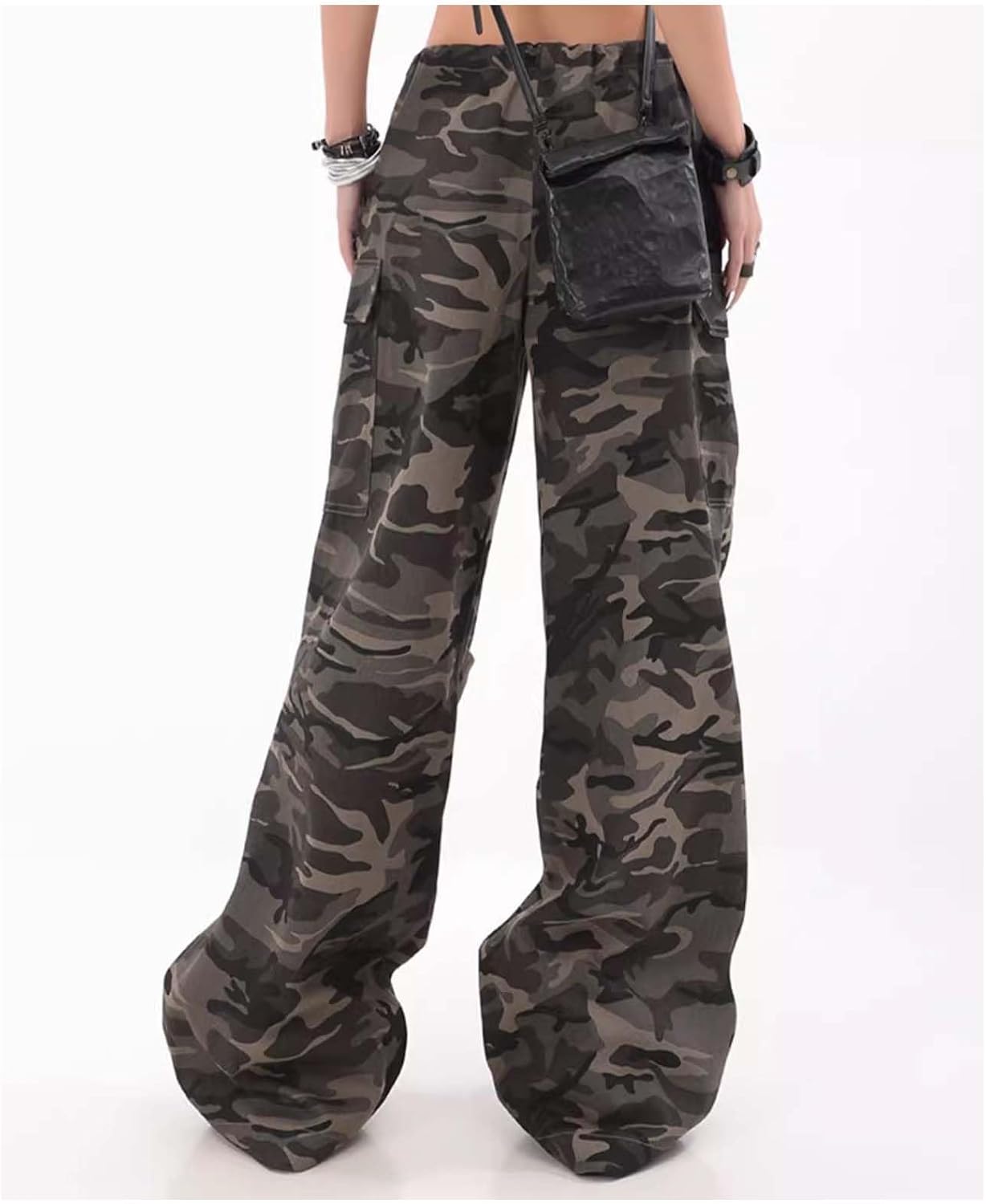 MLAFE Women's Camo Cargo Pants - Y2K Baggy Wide Leg Parachute Pants with Elastic Drawstring Waist, Roomy Pockets for Dance