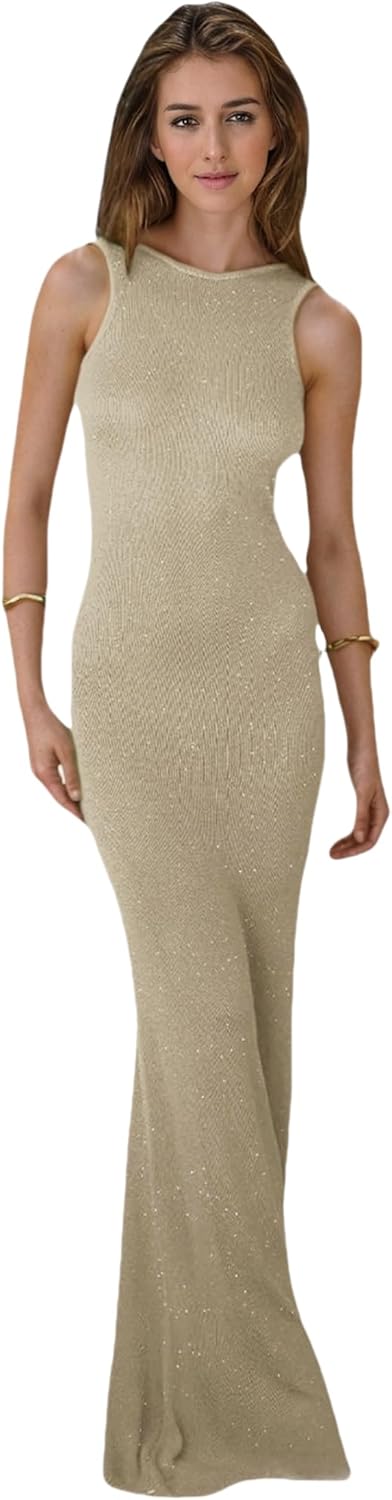 JUMISEE Women's Sexy Open Back Glitter Crochet Knit Maxi Dress Shiny Sequin Vacation Dress Summer Long Beach Dresses Gold - Image 4