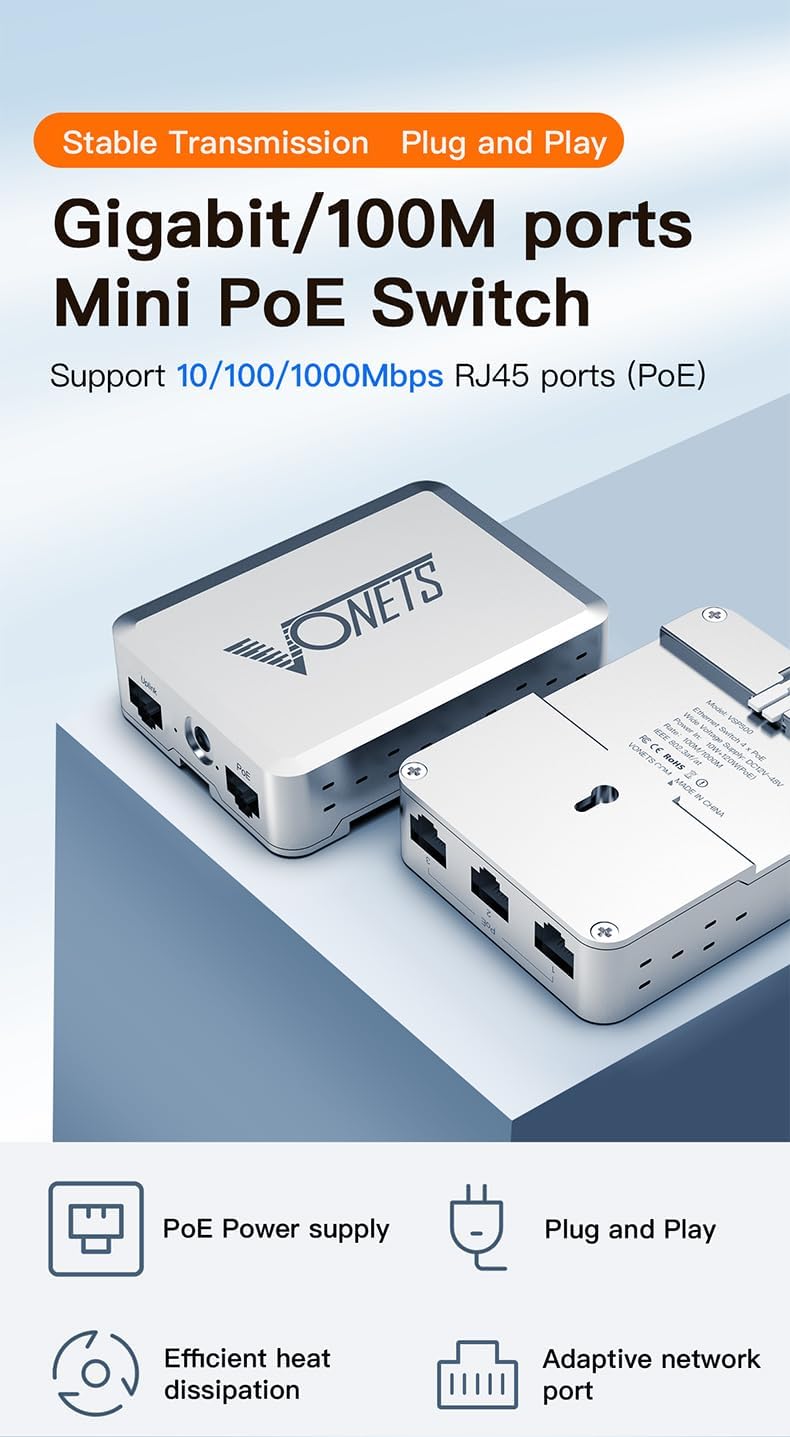 VONETS Industrial 5 Ports PoE Gigabit Switch Gigabit Ethernet Network Switch Ethernet RJ45 Splitter 10/100/1000M 4 PoE +1 Uplink Plug & Play Metal Design Universal for Network Devices VSP500