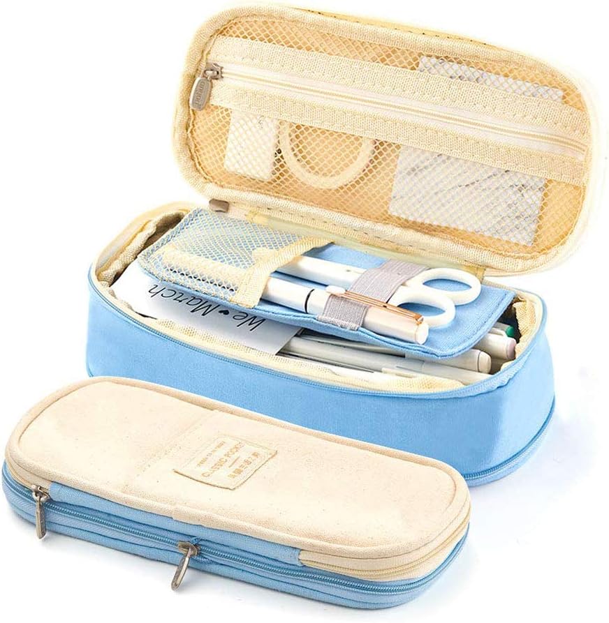 Shager 1 x pencil case, large pencil case for girls, teenagers, 4 compartments, large capacity, stationery pouch, pencil case, linen, 21.5 x 10.7 cm. 21.5 * 10 * 7 CM light blue