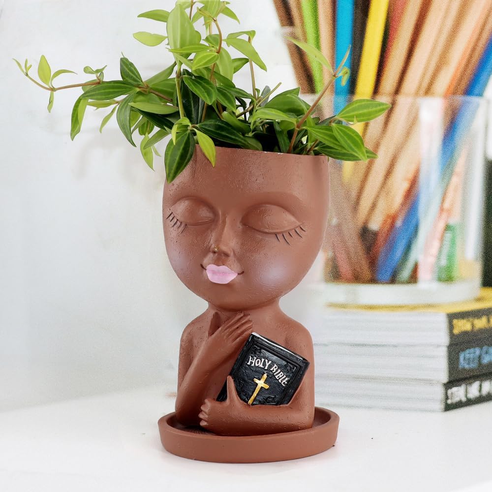 Face Planters Pots Head for Indoor Outdoor Plant Unique Head Planter Holding Book Confessional Girl Face Flower Pot with Drainage for Succulent Cactus String of Pearls Plant Gift (Brown) image 5