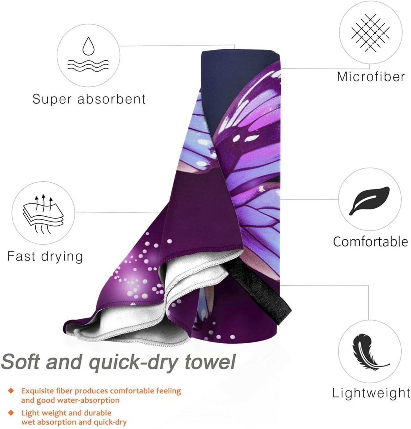 KHiry Microfiber Towel Beach Towels Cute Purple Butterfly Quick Dry Towel Soft Lightweight Travel Towels Absorbent Large Easy Pack Travel Things Beach Blanket for Gym Sports Swimming