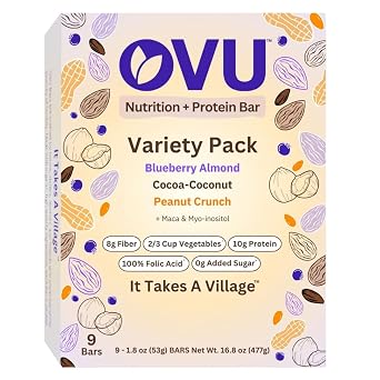 OVU Bar Fertility, Pregnancy & Postpartum Nutrition Support for Women, Myo-Inositol, Folic Acid, Maca, High Protein, High Fiber, Variety Pack, 9 Bars