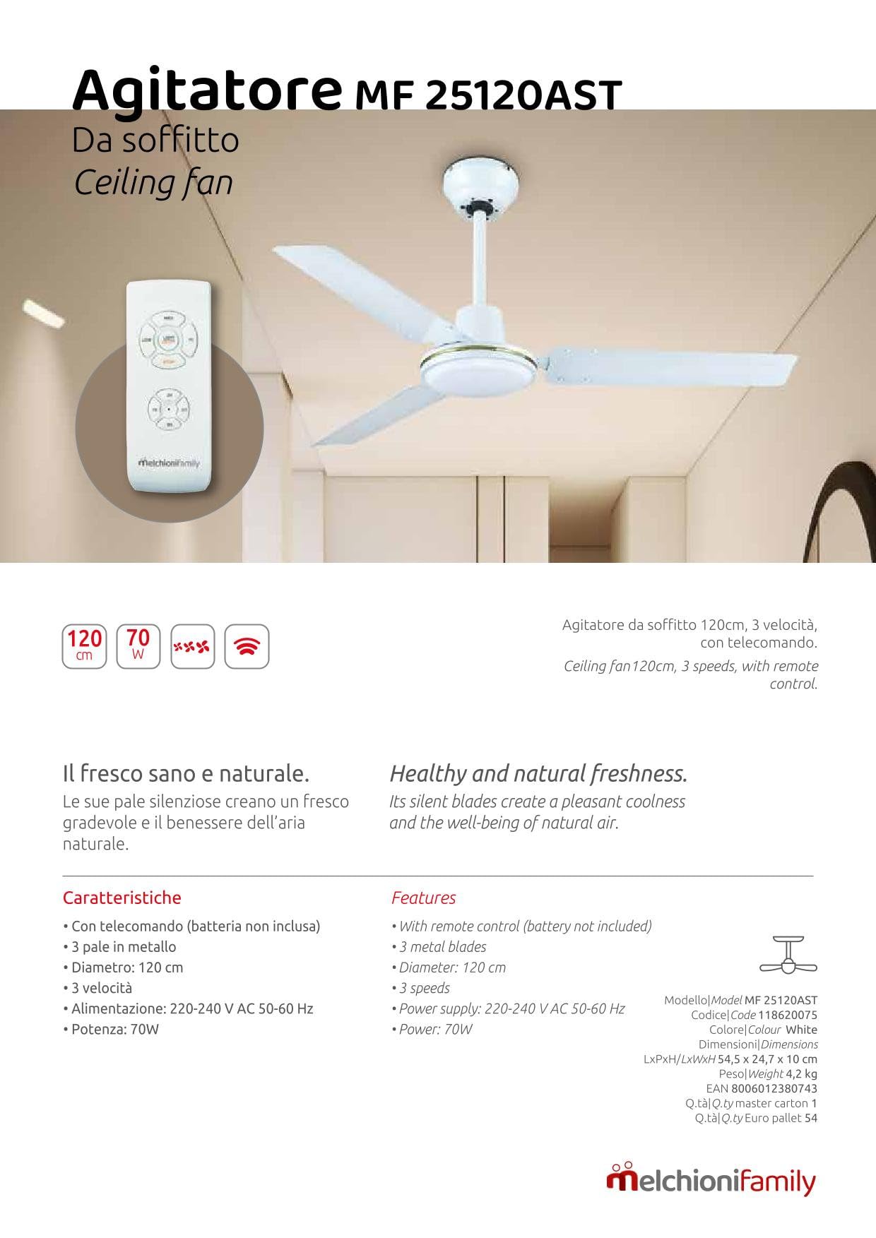Melchioni MF 25120AST Ventilatore da Soffitto 120 cm con Telecomando 3 Velocità 3 Pale Metallo Silenzioso 70W Bianco Raffrescamento Naturale per Casa e Ufficio