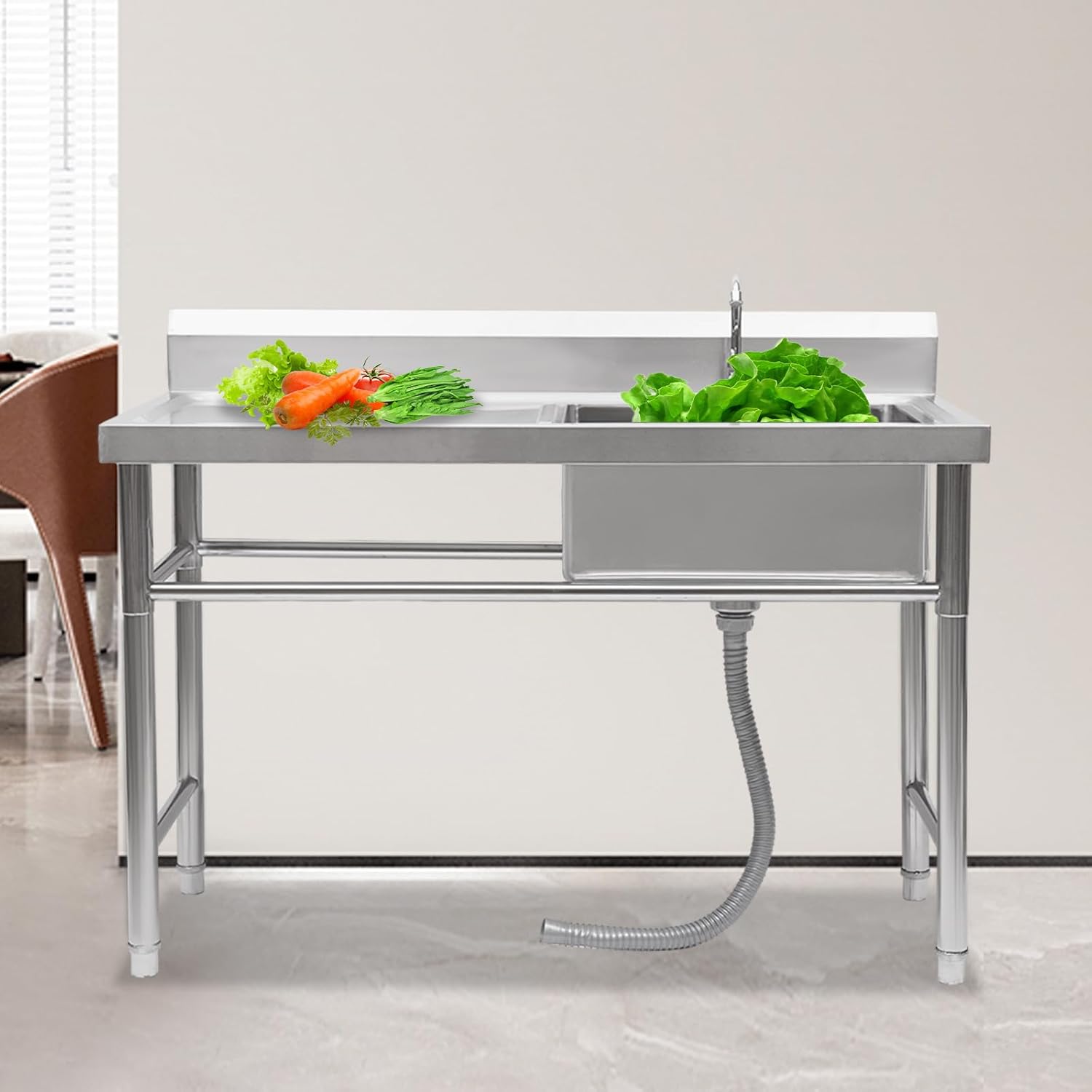Freestanding Stainless Steel Single Bowl Commercial Restaurant Kitchen Sink with Faucet, Utility Sink for Laundry Room Bathroom Farmhouse (47.2" W x 23.6" D x 31.5" H)