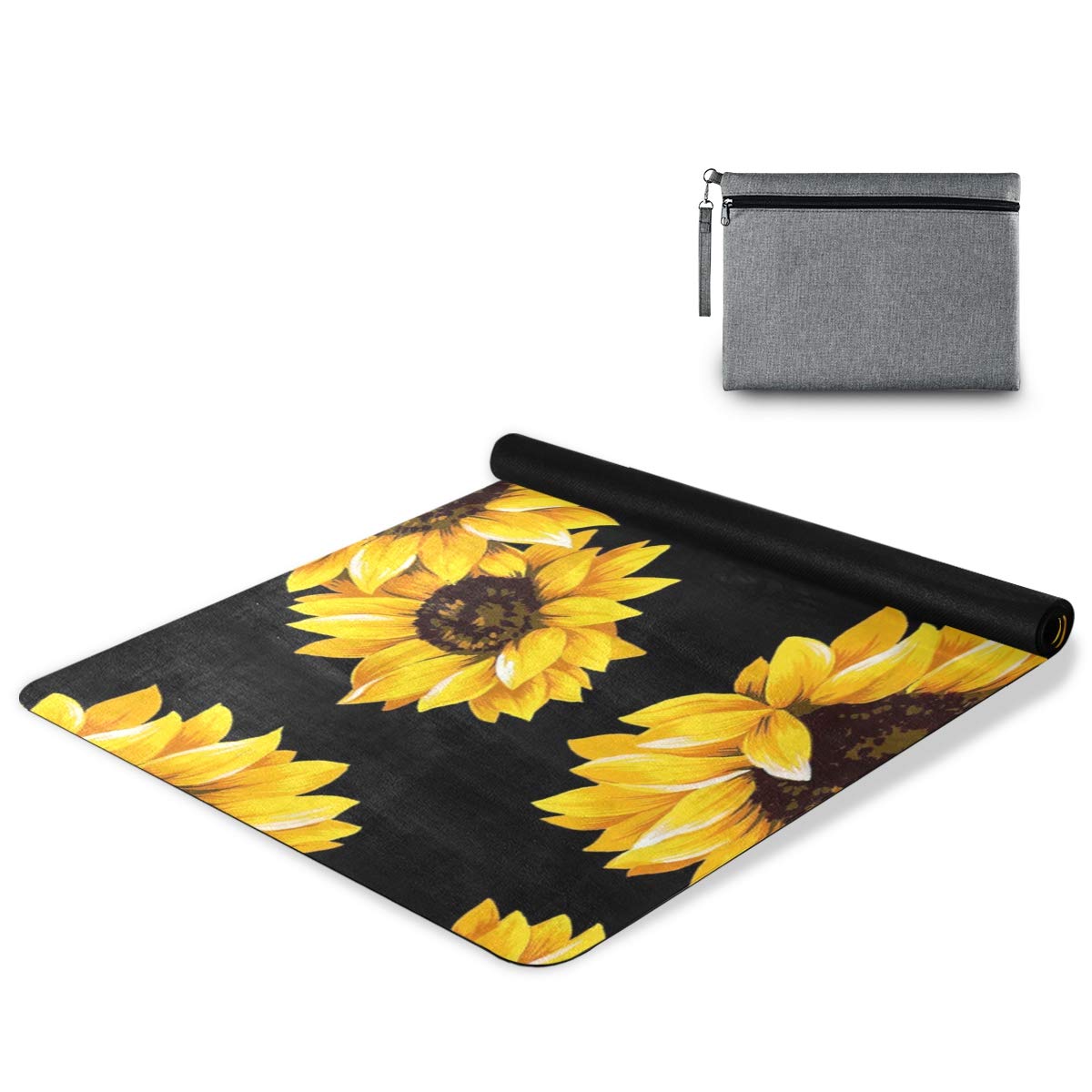 Qilmy Sunflower Yoga Mat Non-slip Foldable Sweat Absorbent Travel Yoga Mat with Carrying Bag for Yoga, Pilates, Exercise, Workout, Bikram and Hot Yoga 71 x 26 Inch