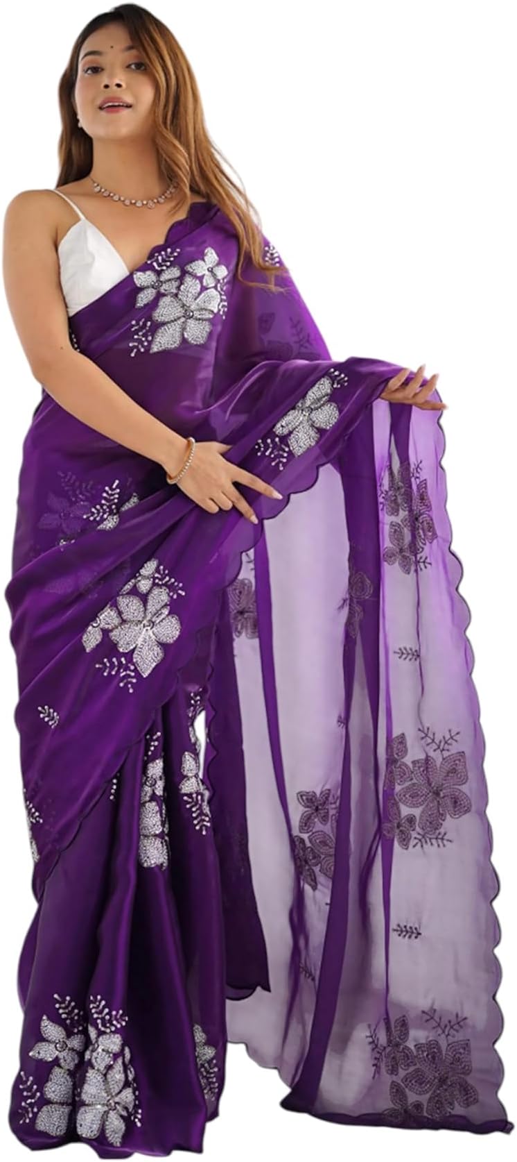 Yashika Women's Trendy Jimmy Choo Satin Saree with Floral Sequin Print |Saree for Women