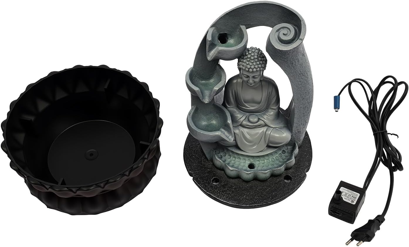 Zimmerbrunnen mit Buddha, 21 * 28cm Tischbrunnen mit LED Beleuchtung und Geräuschloser Pumpe für Heimdekoration, Teehäuser, Clubs, Geschäftsräume