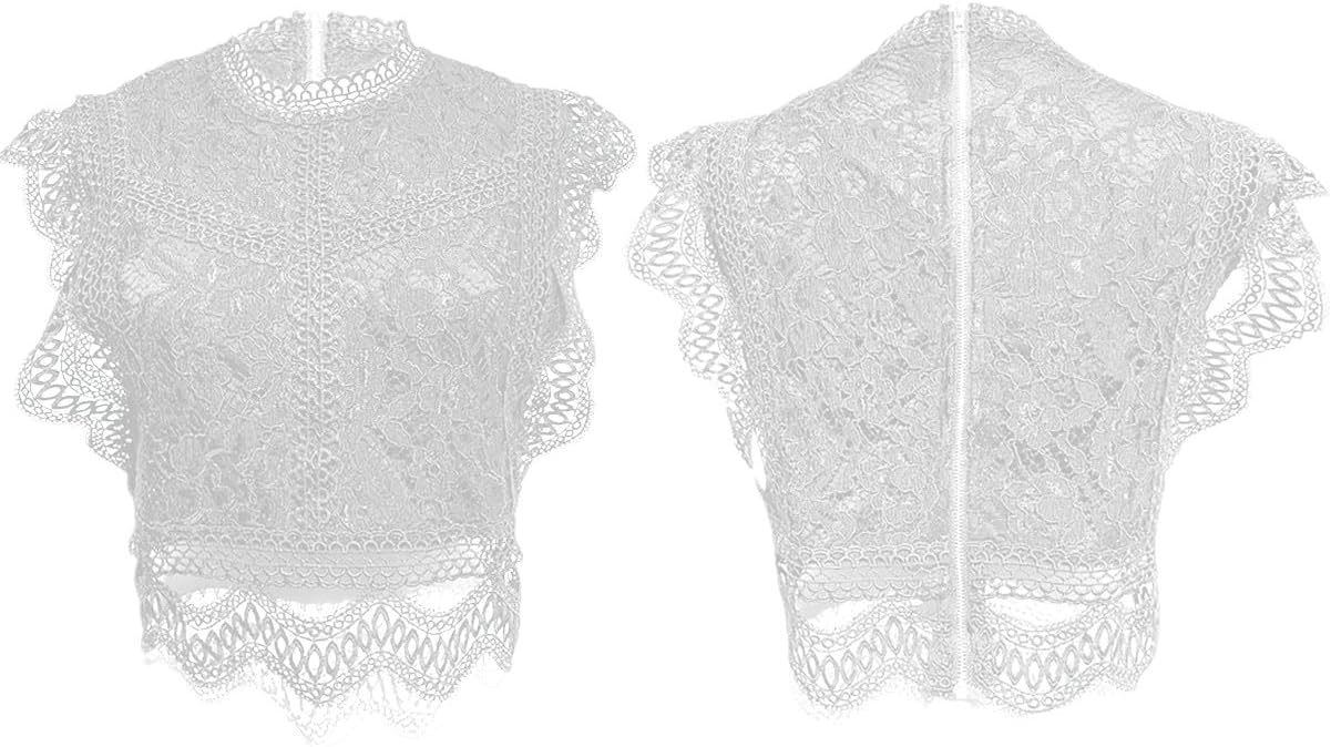 Women's Hollowed Lace Blouse Soft Sleeveless Ruffle Trim Elegant Summer Shirt Tops - Image 6