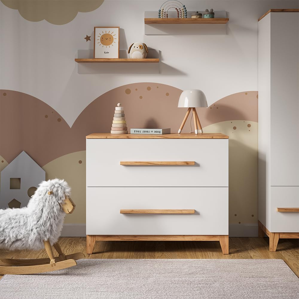 VitaliSpa Fasciatoio Malia, Bianco/Artisan, 108 x 98 cm | con 2 cassetti, con fasciatoio rimovibile per l'utilizzo come cassettiera