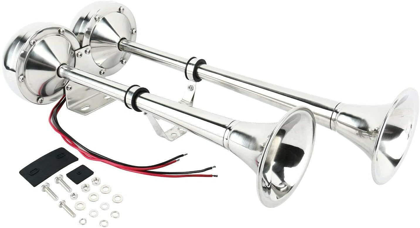 Flexzon Corno ad aria 12 V Elettrico Super Forte Doppia Tromba Marine Grade Barca Acciaio Inox