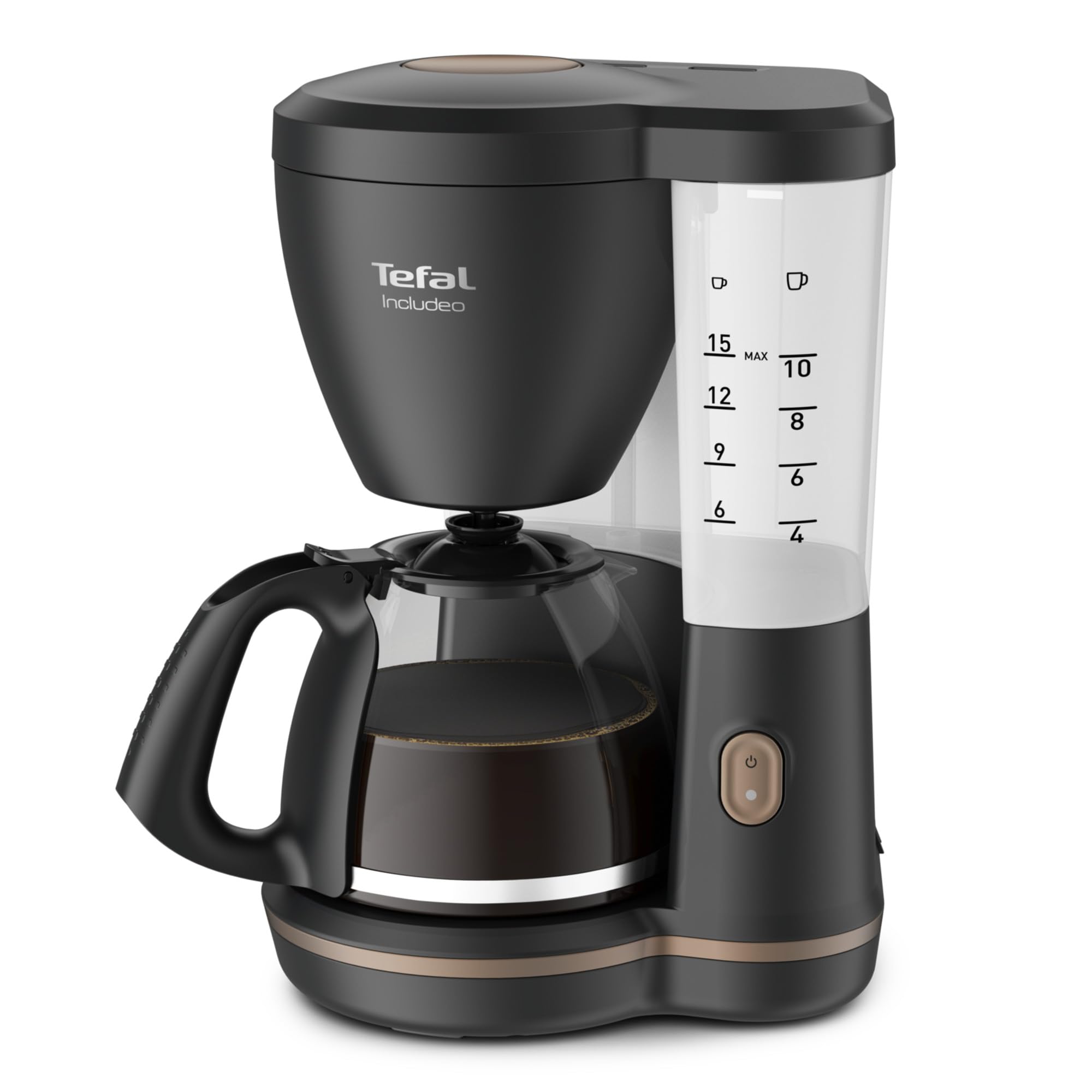 Tefal Cafetière filtre, 10 à 15 tasses, 1,​25 L, Porte-​filtre amovible, Arrêt automatique, Ouverture automatique du couvercle, Ergonomique, Includeo, Noire, CM533811